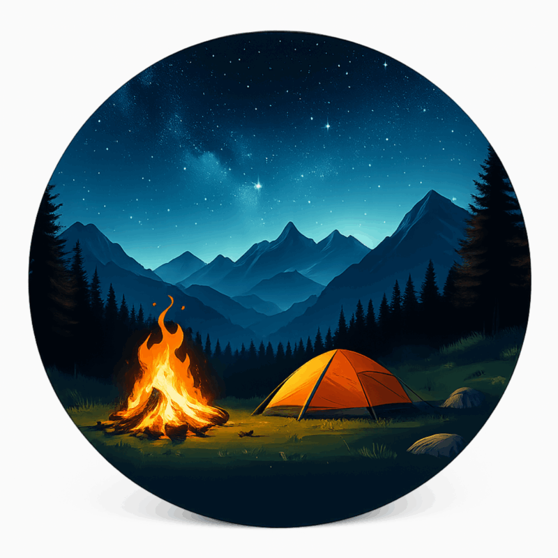 Camping-Ersatzreifenabdeckung – Starry Night Camp, Vorderansicht