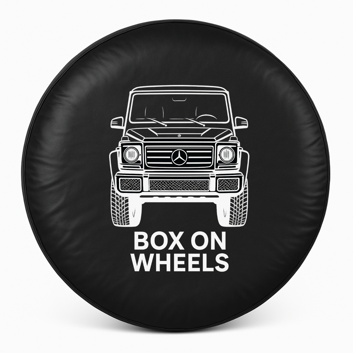 Copriruota di scorta G Wagon – Box On Wheels con design visibile sulla copertura della ruota di scorta.