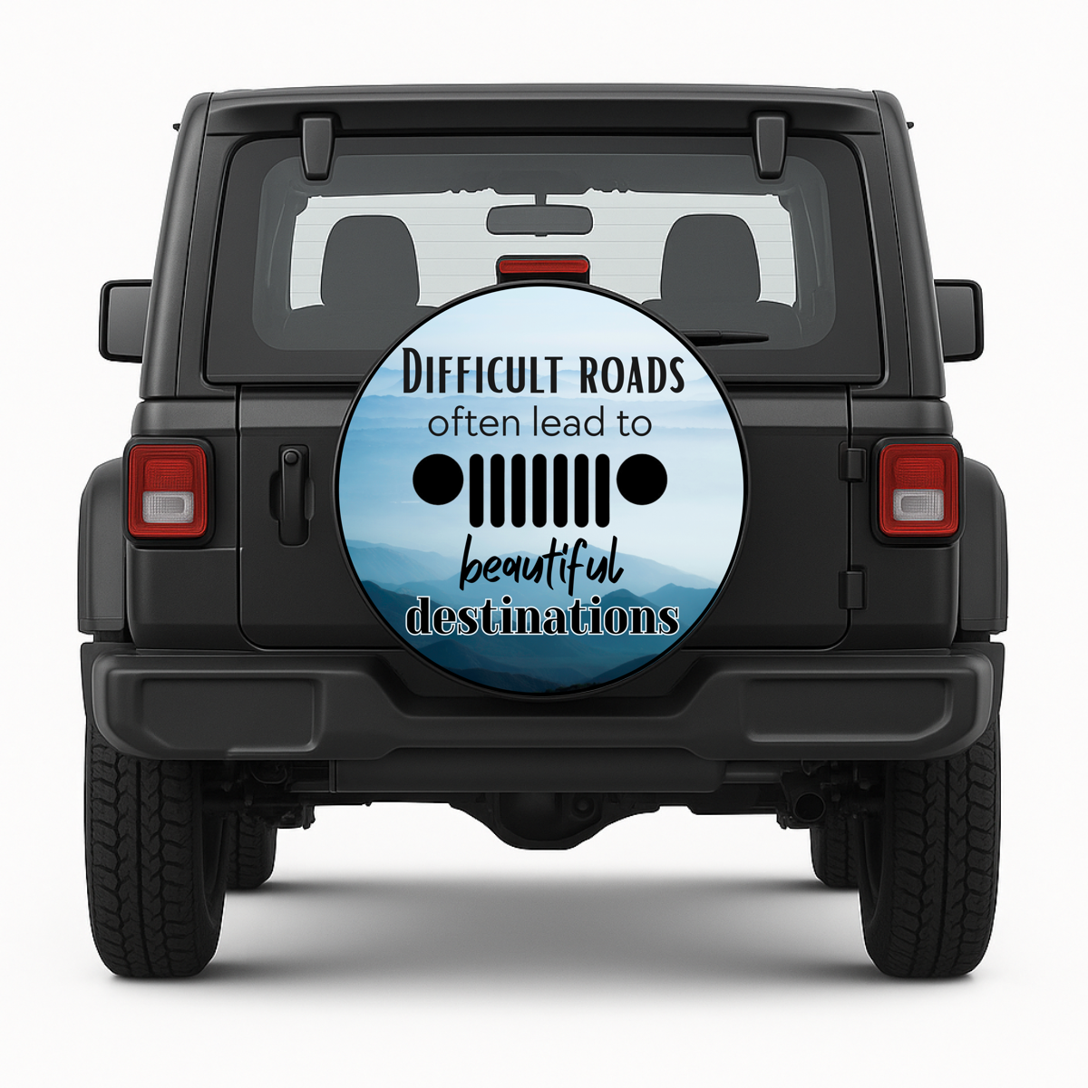 Reservewielhoes "Difficult Roads" voorkant op voertuig