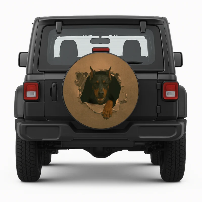 Reservewielhoes "Doberman Doorbraak" voorkant op voertuig