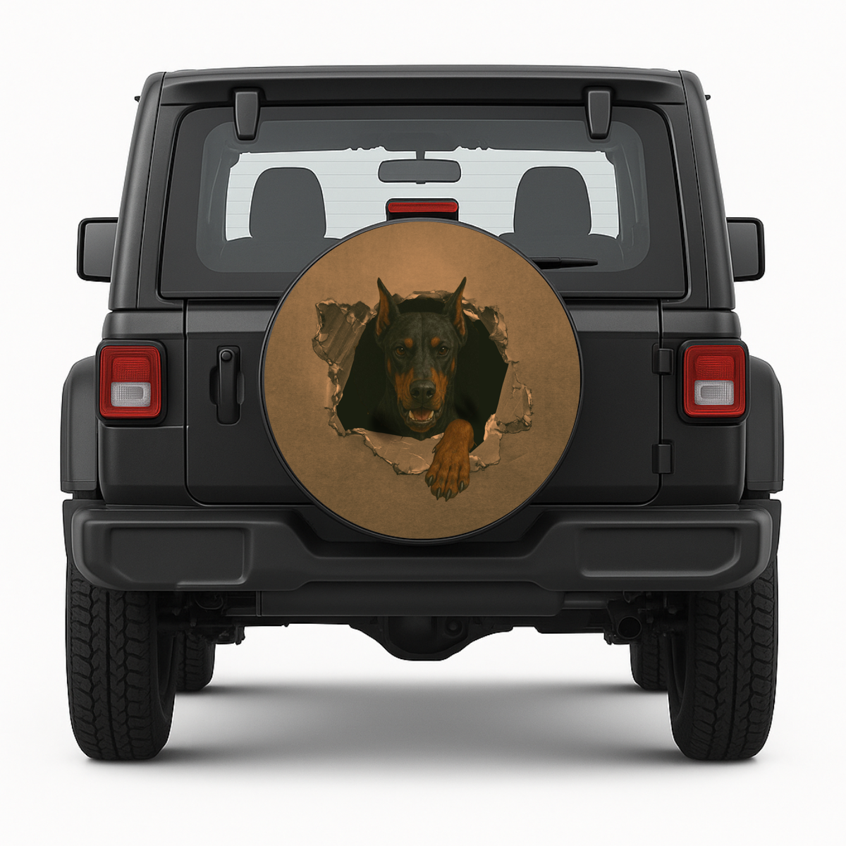 Reservewielhoes "Doberman Doorbraak" voorkant op voertuig