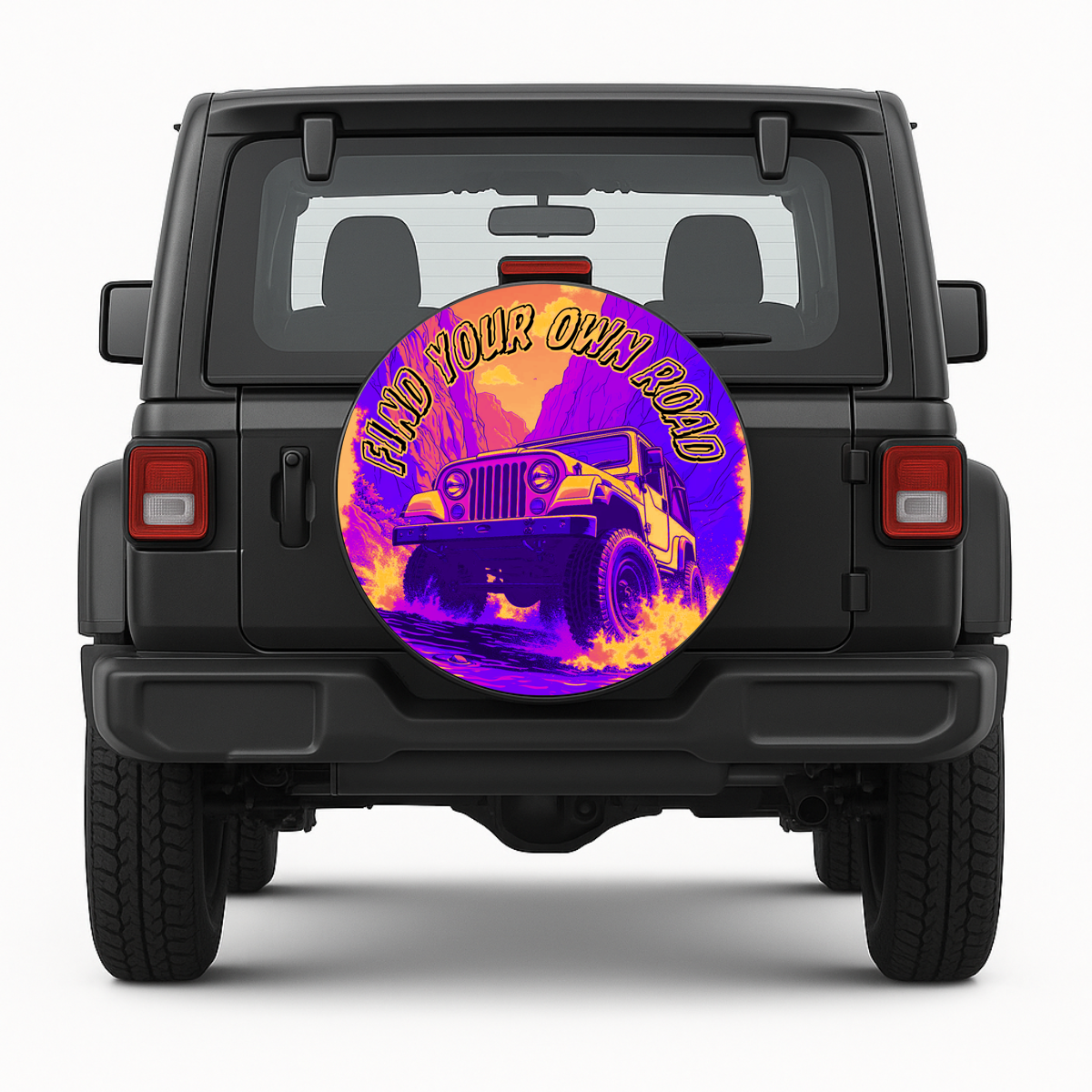 Reservewielhoes "Find Your Own Road" voorkant op voertuig