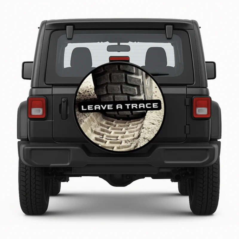 Reservewielhoes "Leave a Trace" voorkant op voertuig