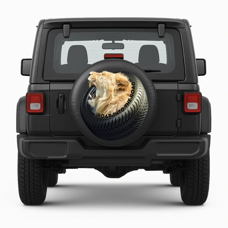 Reservewielhoes "Roar into the Road" voorkant op voertuig