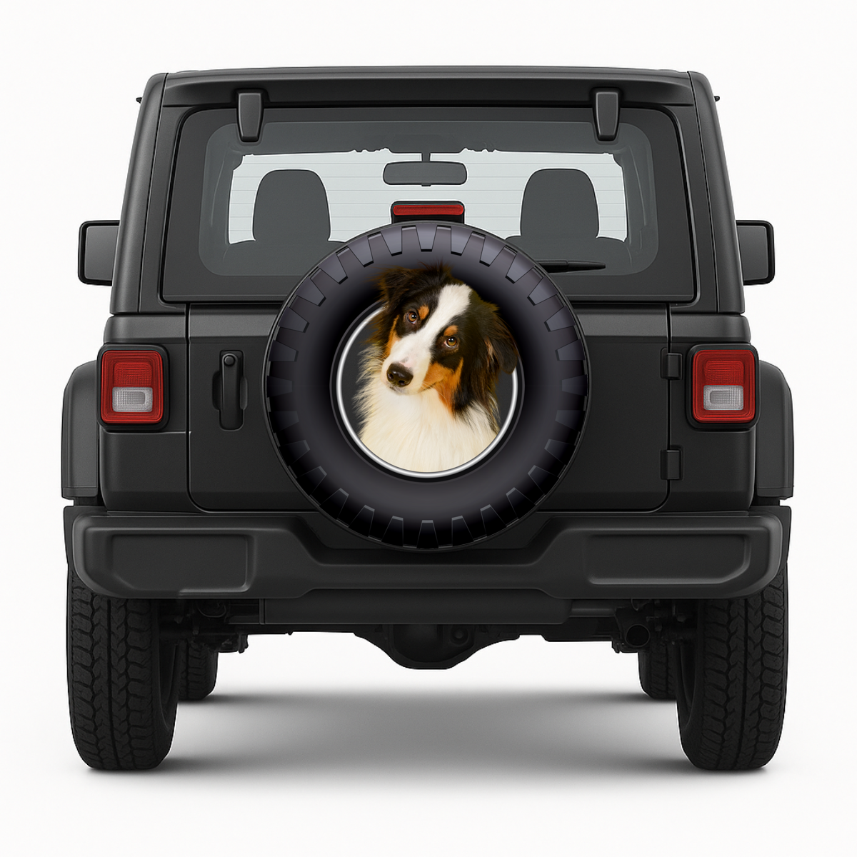 Reservewielhoes "Australian Shepherd" voorkant op voertuig