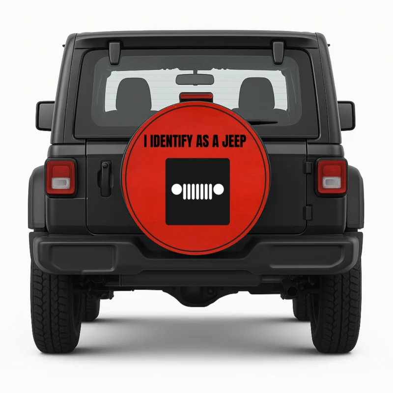 Reservewielhoes "Ik identificeer mij als Jeep" voorkant op voertuig