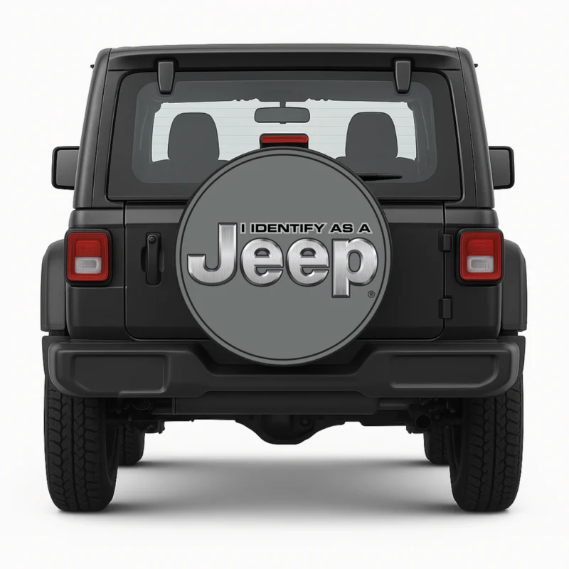 Reservewielhoes "Gedreven door identiteit" voorkant op voertuig