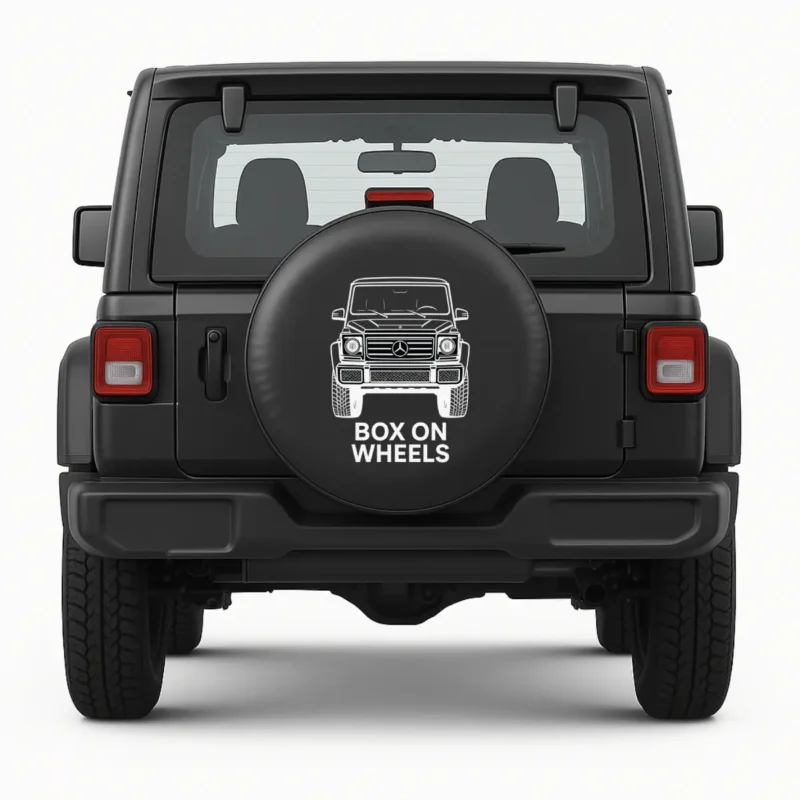 G Wagon Spare Tire Cover – Box On Wheels showing design on vehicle, front view