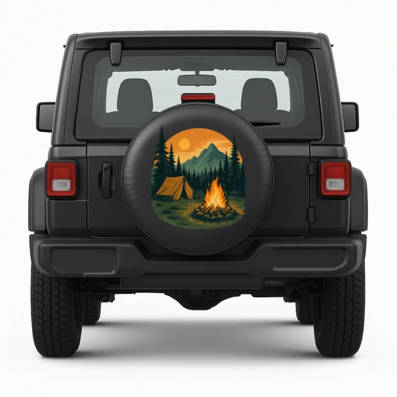 Camping spare tire cover - Campfire side view on vehicle