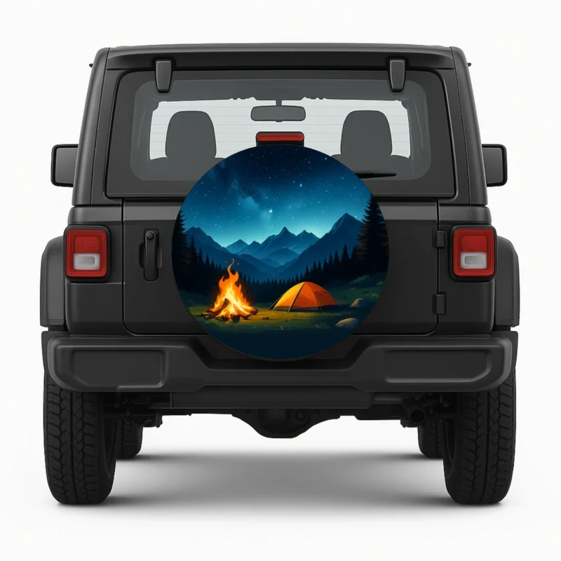 Camping spare tire cover Starry Night Camp - front view on vehicle
