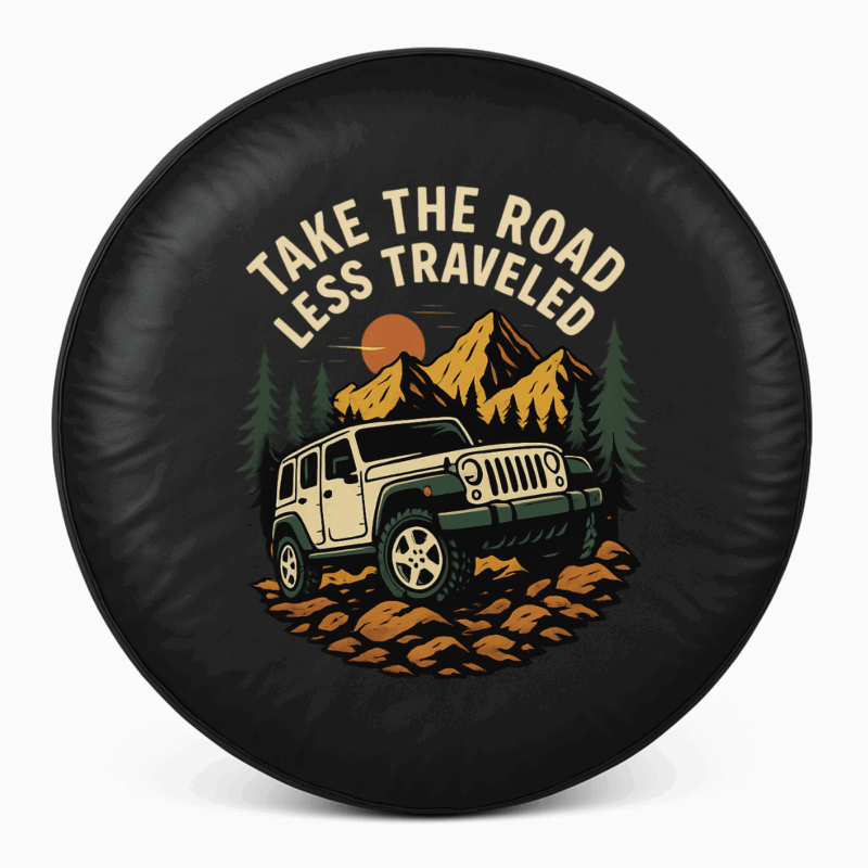 Jeep spare tire cover _Take the road less traveled_ front view