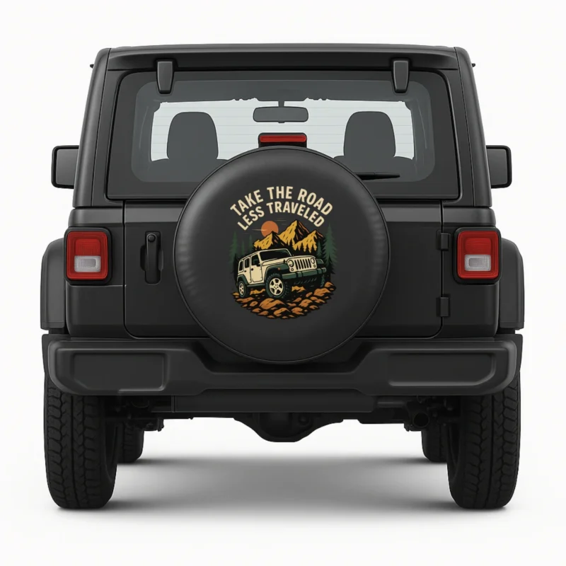 Jeep spare tire cover _Take the road less traveled_ front view on vehicle
