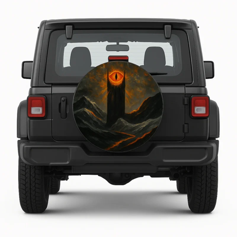 Spare tire cover Lord of the Rings Sauron's Eye front view on vehicle