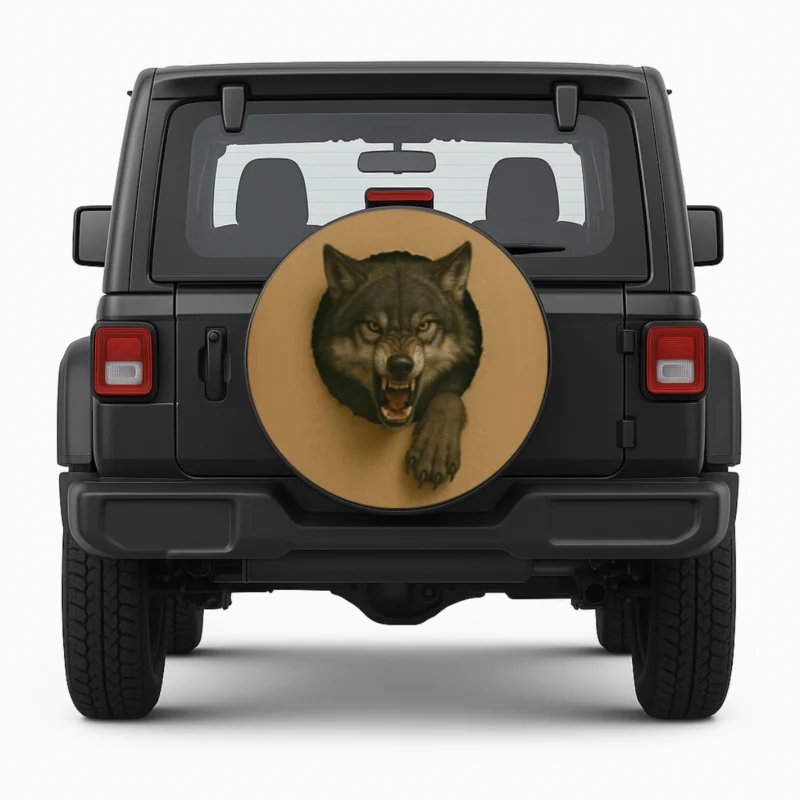 "3D Wolf Attack" Spare Tire Cover front view on vehicle