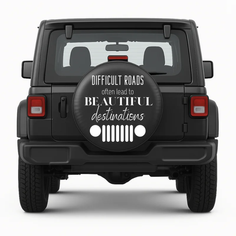 "Beautiful Destinations" Spare Tire Cover front view on vehicle