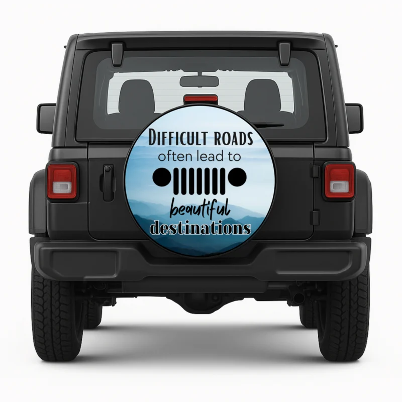 "Difficult Roads" Spare Tire Cover front view on vehicle