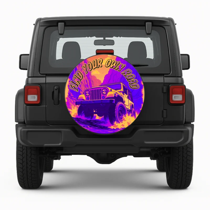 Spare tire cover "Find Your Own Road" front view on vehicle