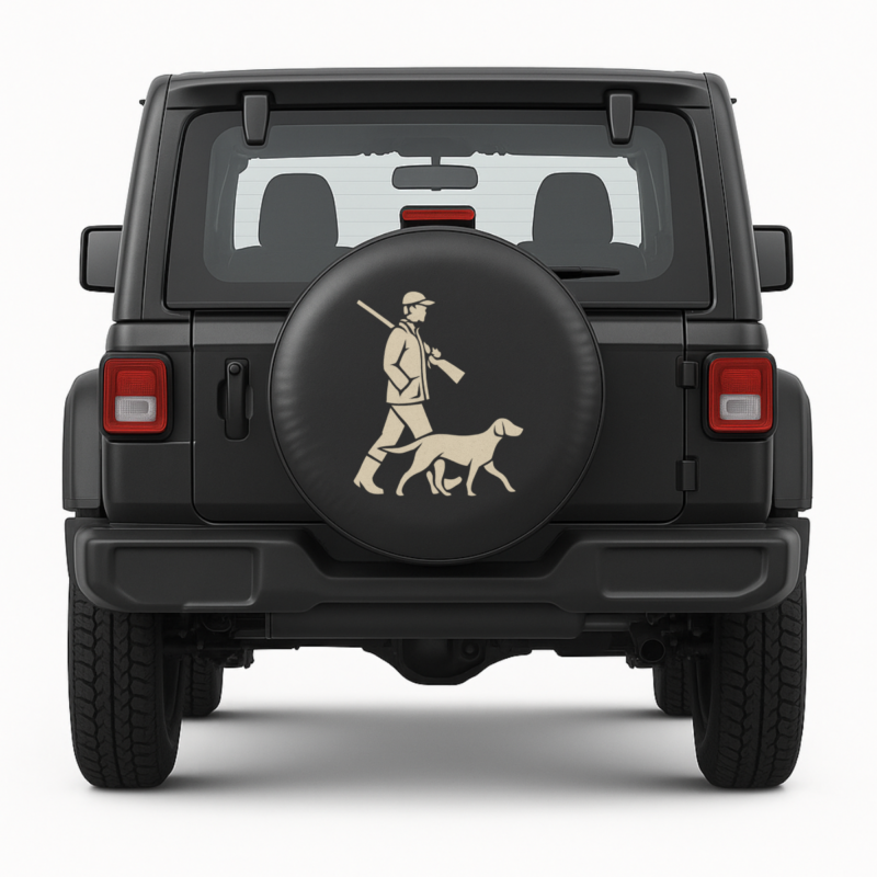 Hunter and dog Spare Tire Cover - front view on vehicle