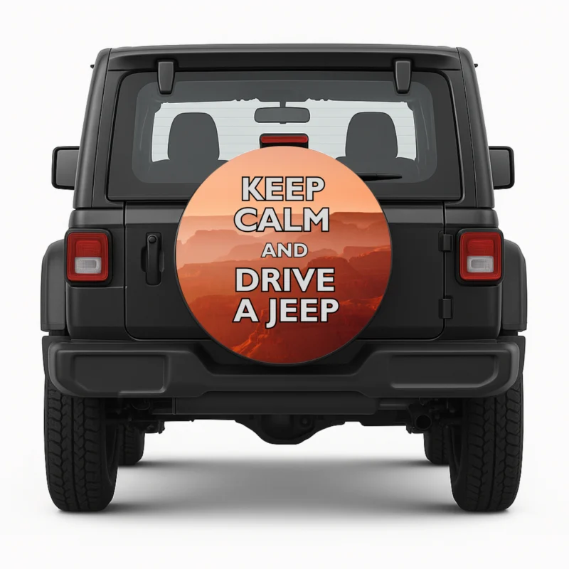 Spare tire cover Keep Calm and Drive a Jeep" front view on vehicle