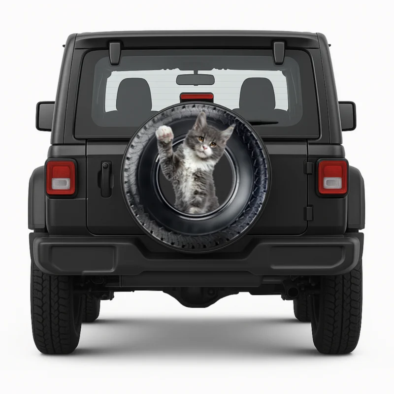 "Kitty" Spare Tire Cover front view on vehicle