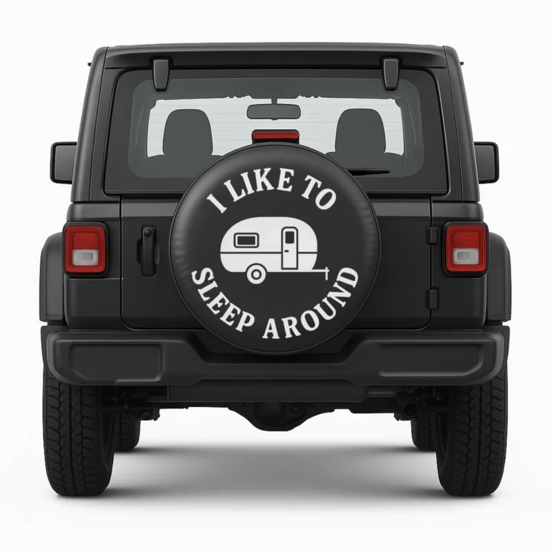 Spare tire cover I like to sleep around 2 front view on vehicle
