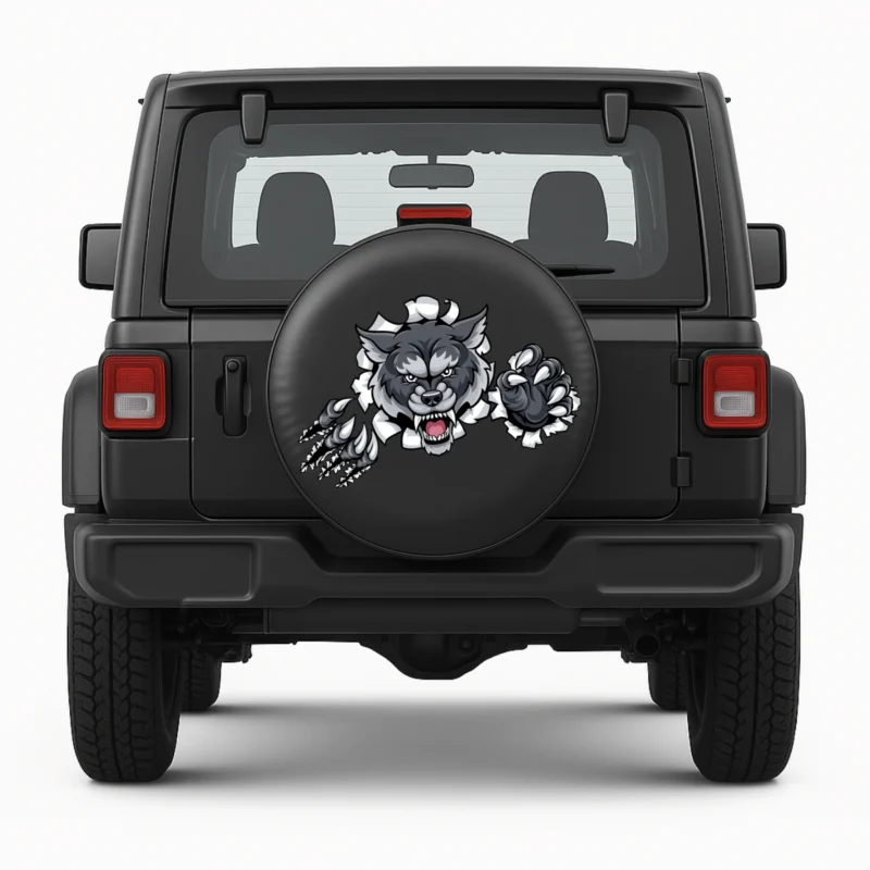 "Wolfy" Spare Tire Cover front view on vehicle