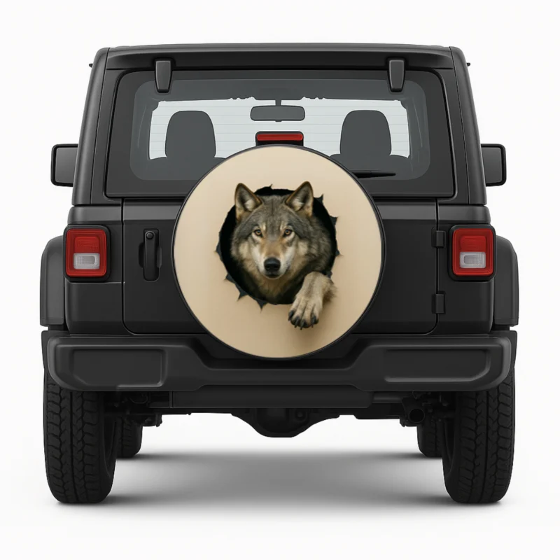 "Wolf Breakthrough" Spare Tire Cover front view on vehicle
