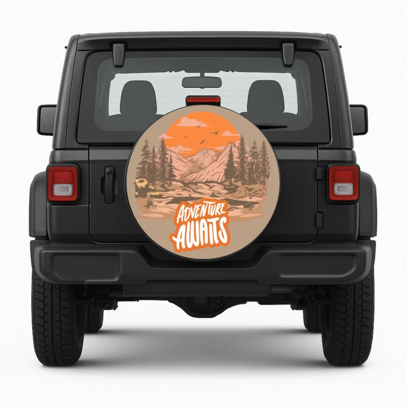 "Adventure Awaits" Spare Tire Cover - front view on vehicle