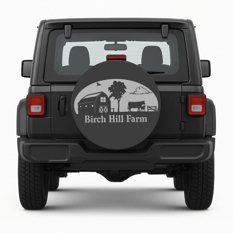 "Birch Hill Farm" Spare Tire Cover - front view on vehicle