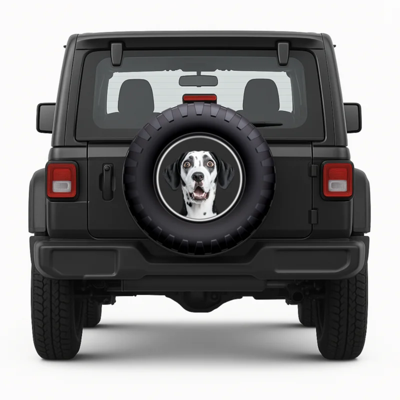 "Dalmatian Dog" Spare Tire Cover - front view on vehicle
