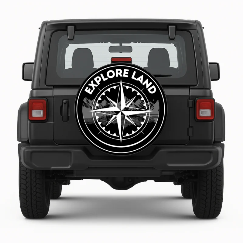 "Explore Land" Spare Tire Cover - front view on vehicle