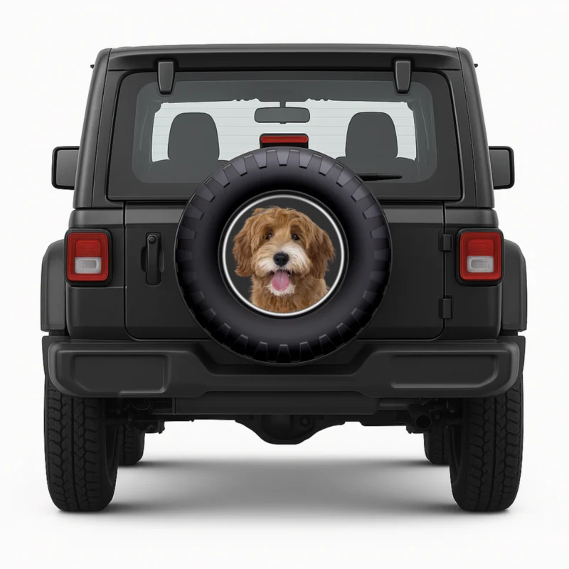 "Happy Dog" Spare Tire Cover - front view on vehicle