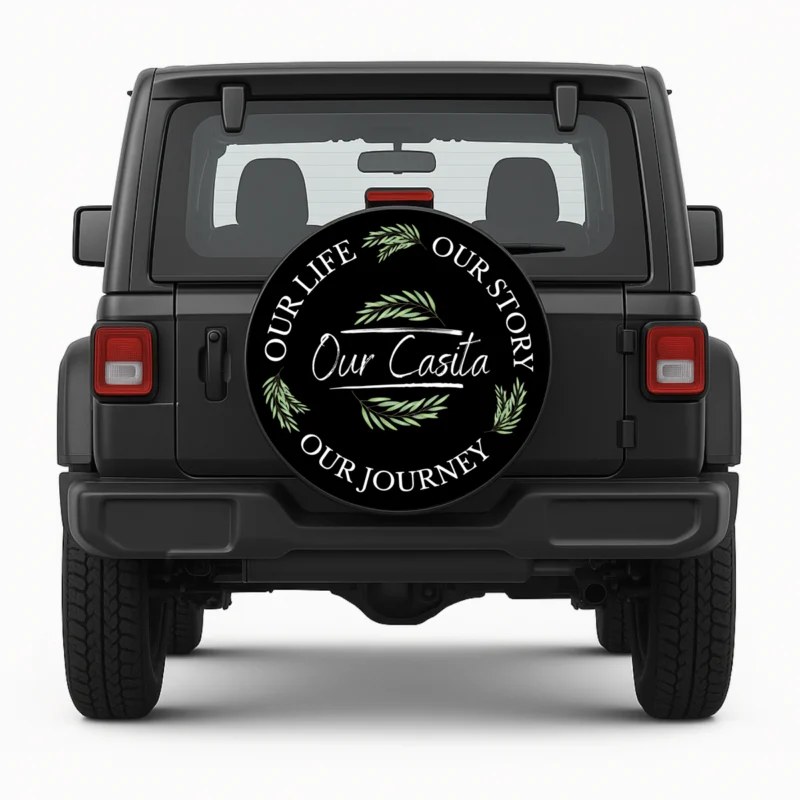 "Our Casita" Spare Tire Cover - front view on vehicle