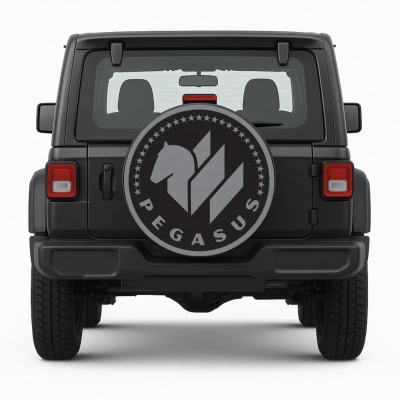 "Pegasus" Spare Tire Cover - front view on vehicle