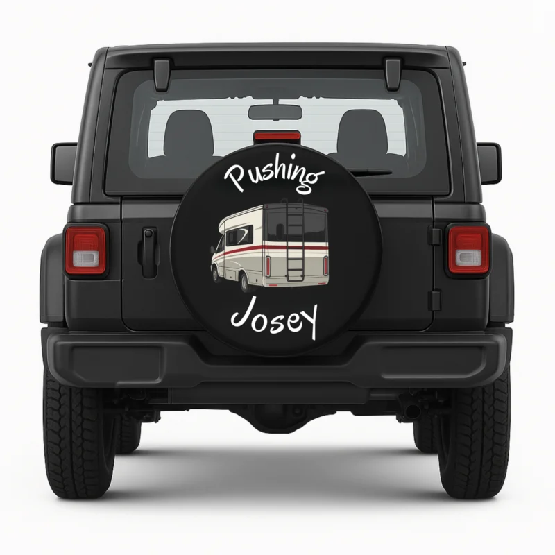 "Pushing Josey" Spare Tire Cover - front view on vehicle