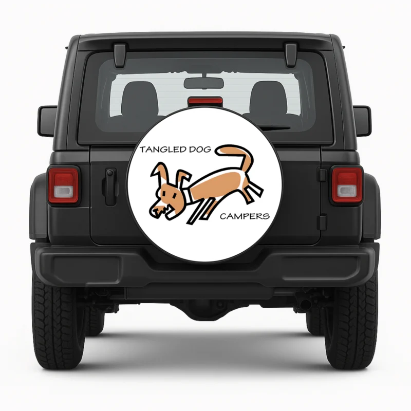 "Tangled Dog Campers" Spare Tire Cover - front view on vehicle