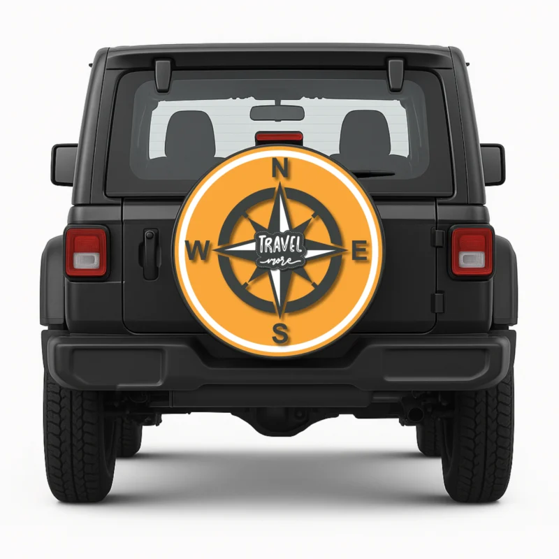 "Travel More" Spare Tire Cover - front view on vehicle