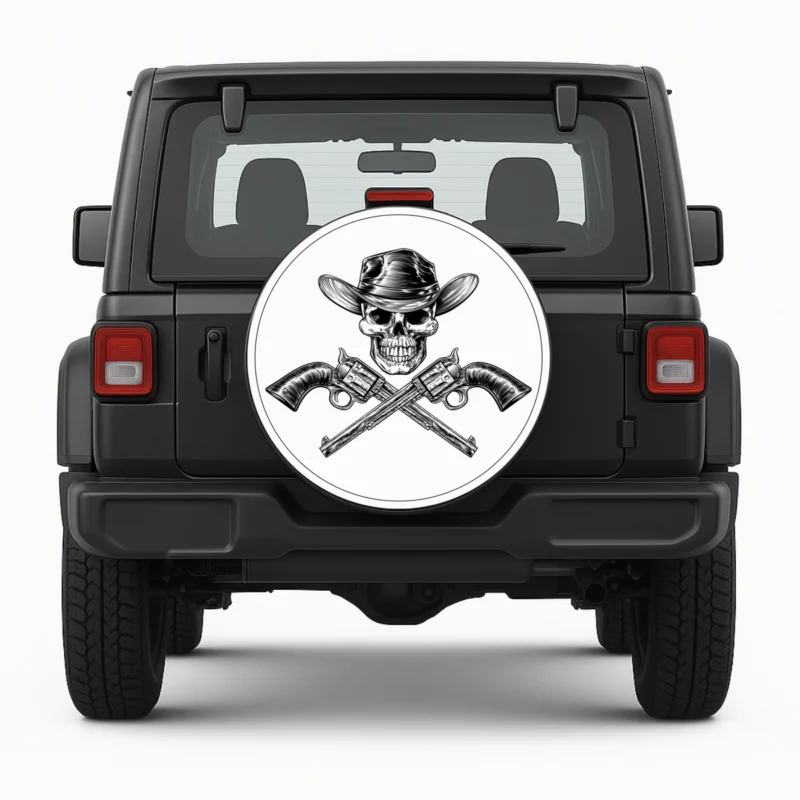 "Gunslinger Skull" Spare Tire Cover - front view on vehicle