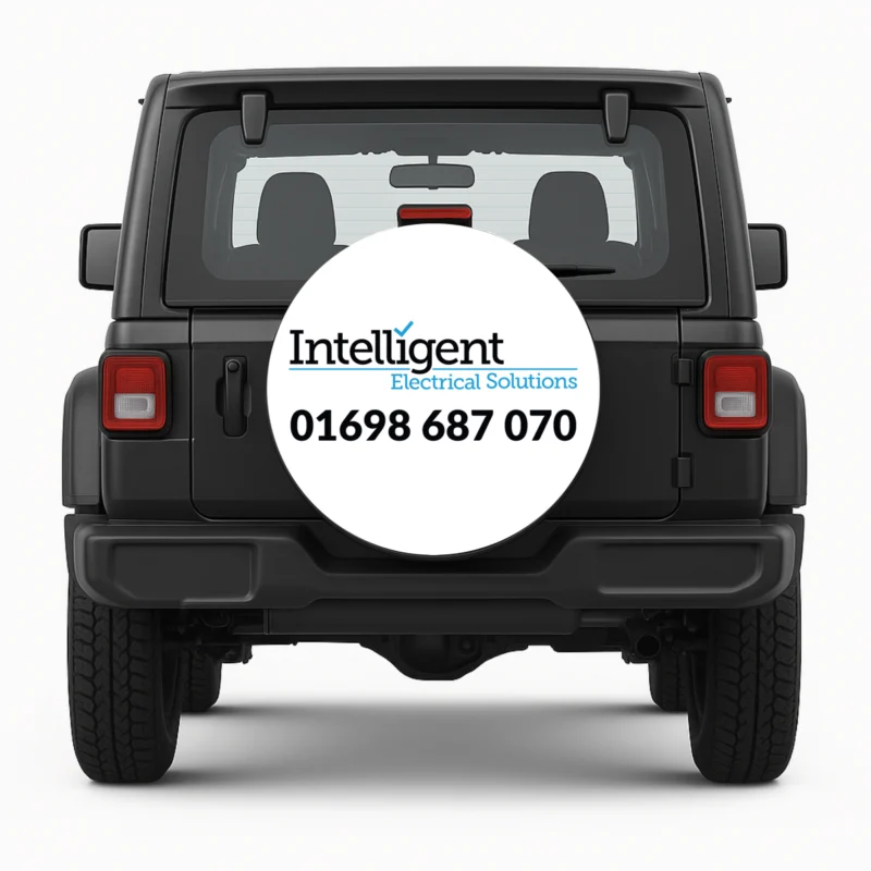 "Intelligent Electrical Solutions" Spare Tire Cover - front view on vehicle