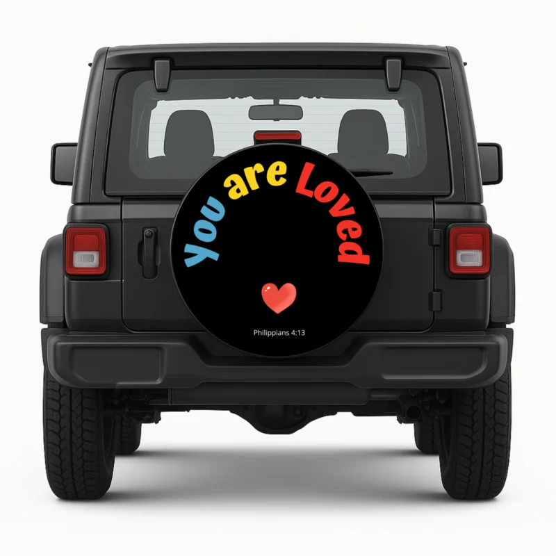 "You Are Loved" Spare Tire Cover - front view on vehicle