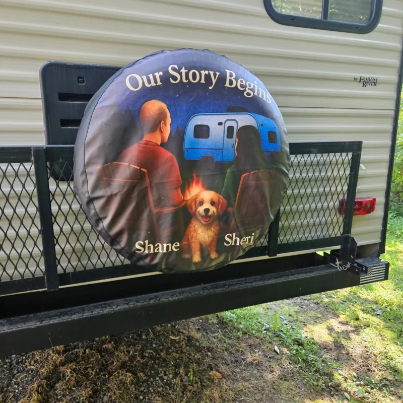 Spare tire cover installed on RV