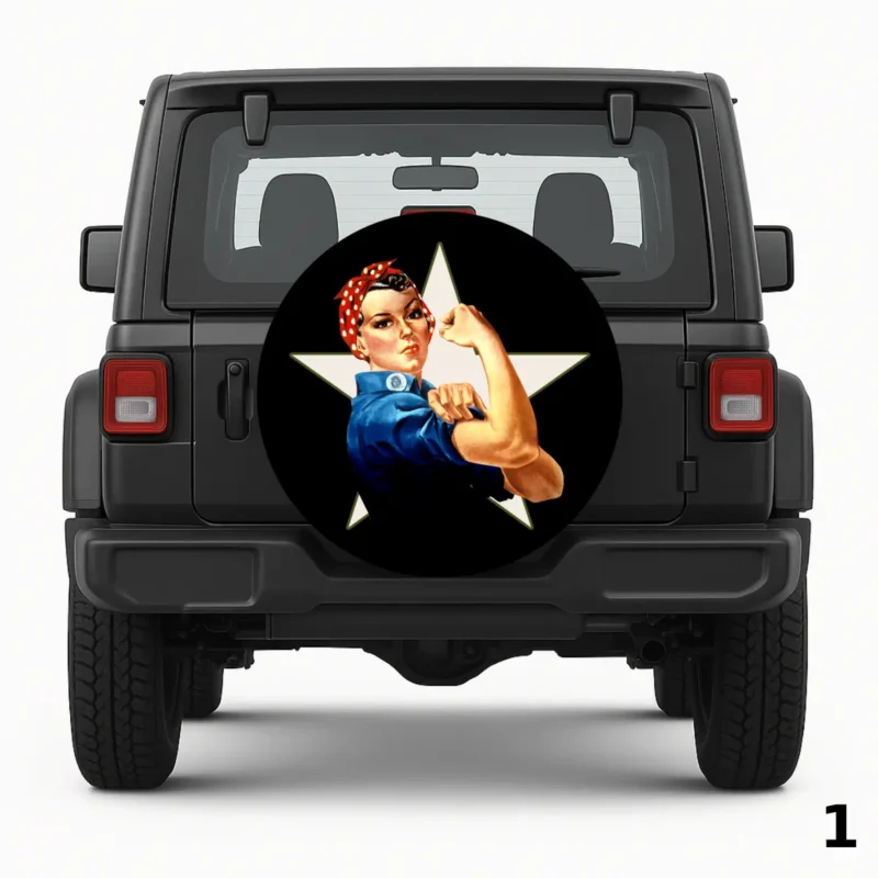 Rosie Riveter Over White Military Star Spare Tire Cover