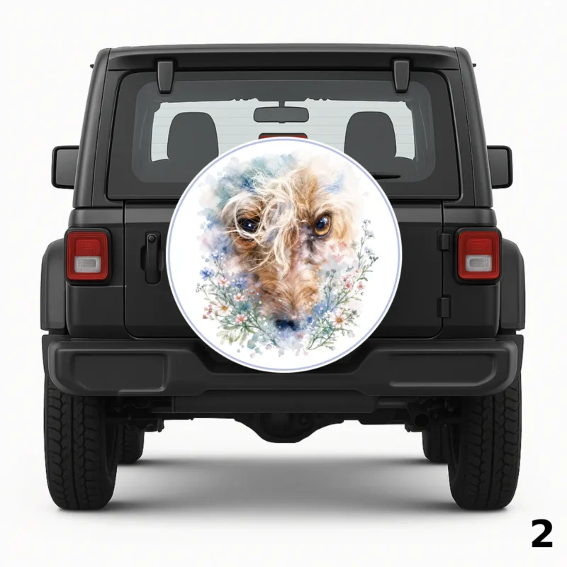 =Dog With Blue Pink Flowers Spare Tire Cover