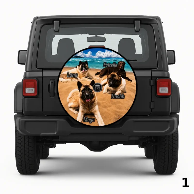 =Four Dogs at the Beach Spare Tire Cover