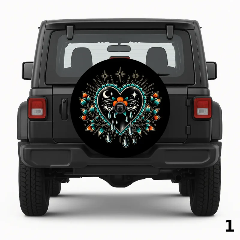=Black Heart With Flowers Spare Tire Cover