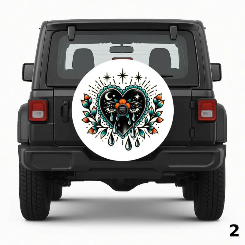 =Black Heart With Flowers Spare Tire Cover