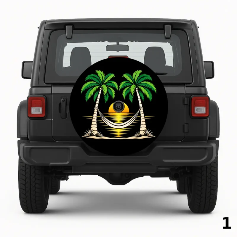 Palm Trees With Green Spare Tire Cover