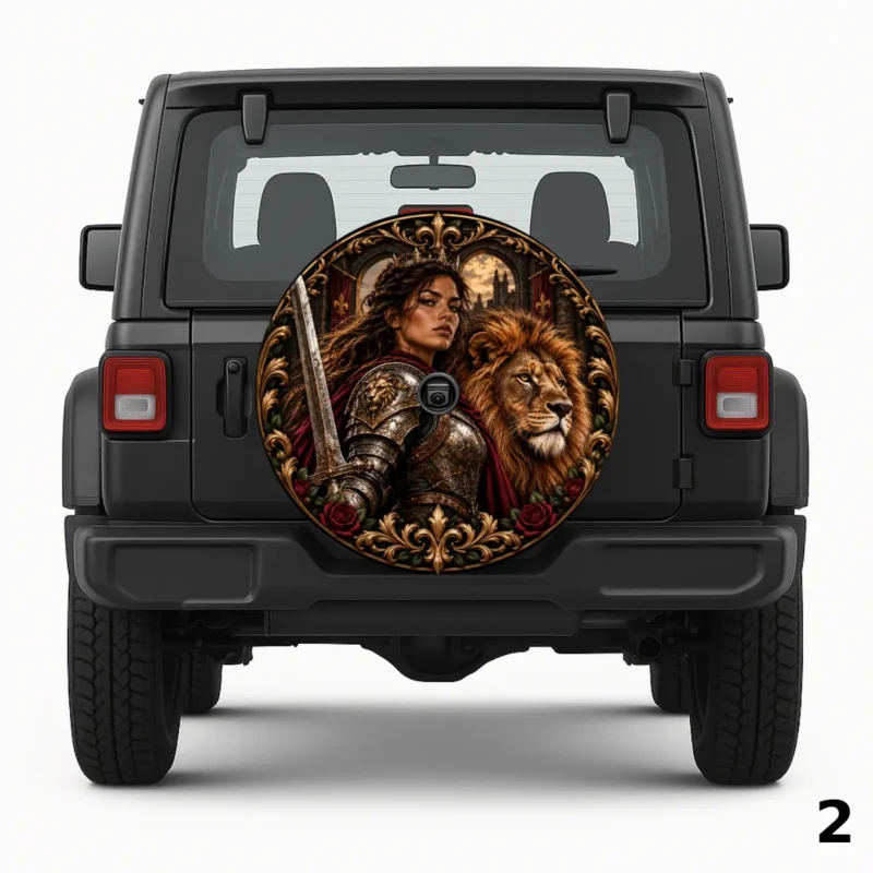 =A Female Midevil Warrior Spare Tire Cover