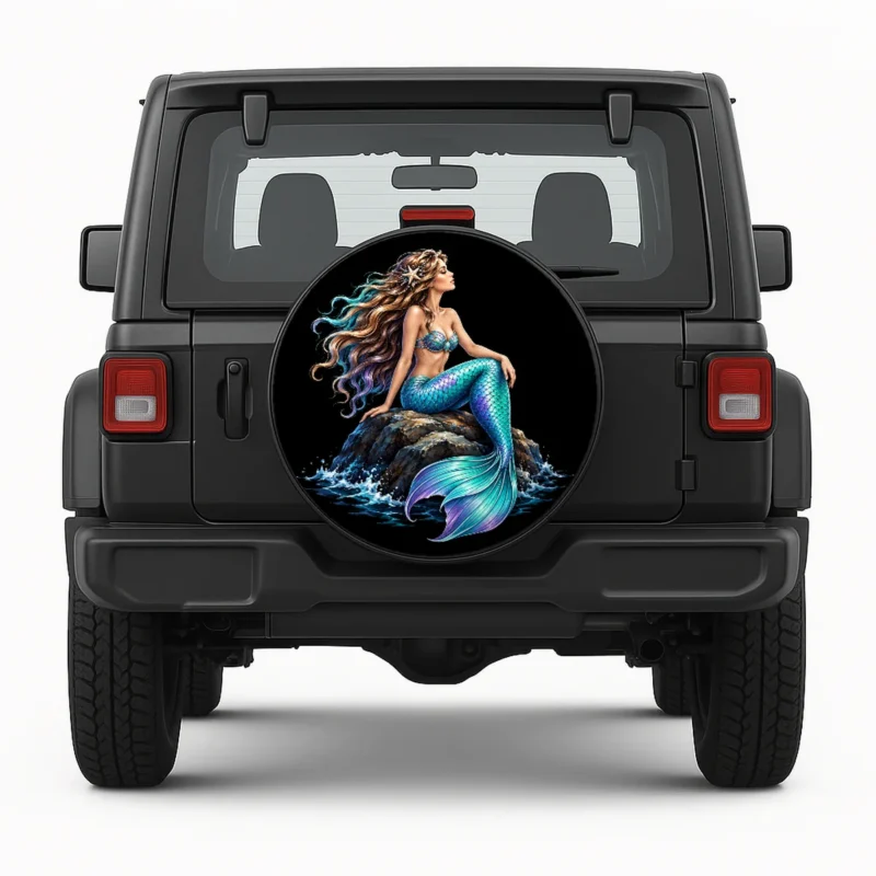 Mermaid Spare Tire Cover - front view on vehicle