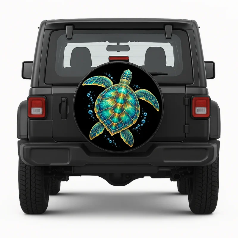 Sea Turtle Spare Tire Cover - front view on vehicle
